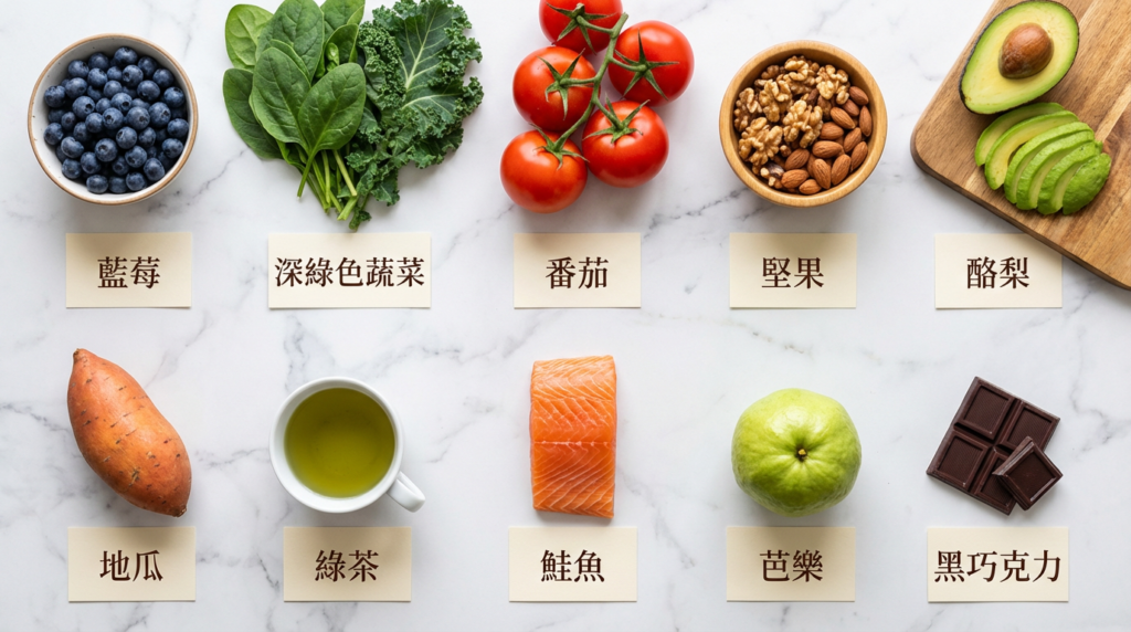 十大抗老化超級食物:藍莓、深綠色蔬菜、番茄、堅果、酪梨、地瓜、綠茶、鮭魚、芭樂、黑巧克力,中文標示