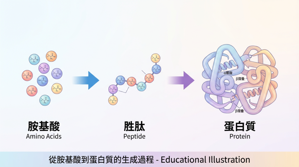從胺基酸到胜肽再到蛋白質的結構示意圖,中文標示