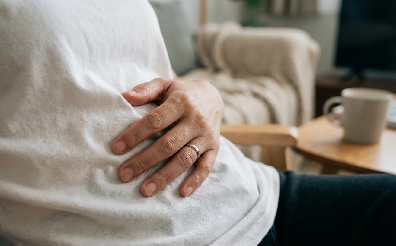 女性雙手按壓腹部不適