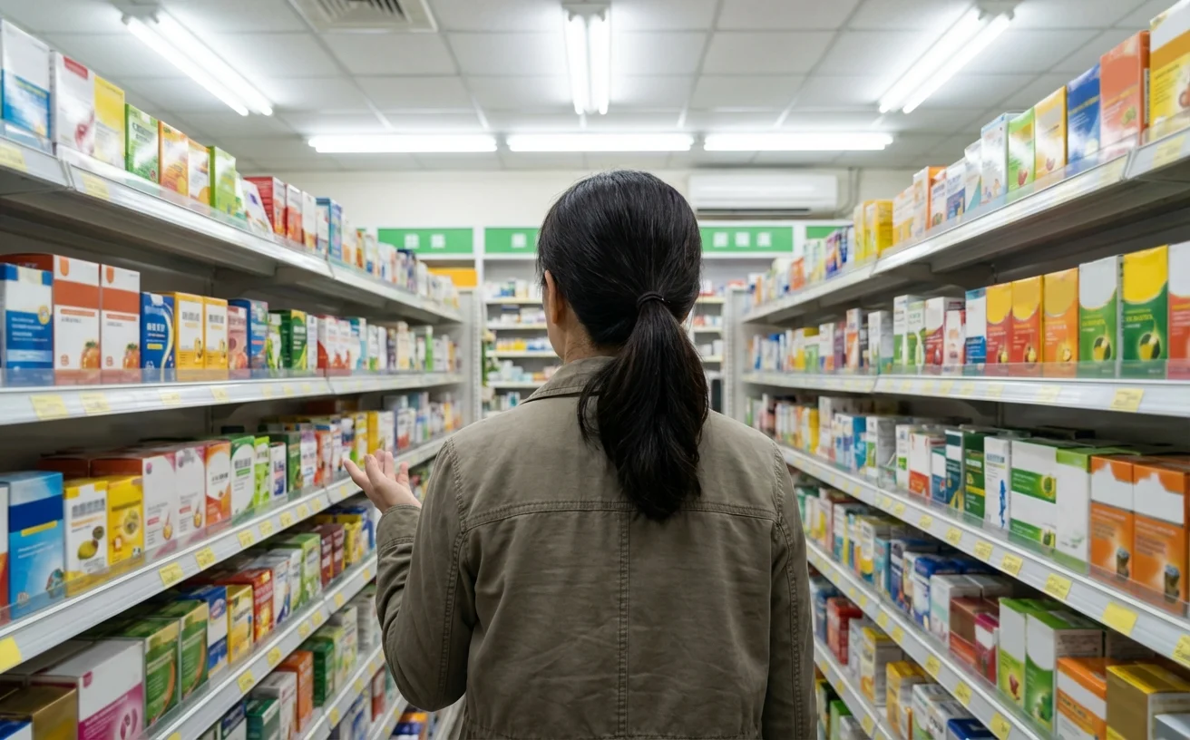女性背影在藥局面對眾多益生菌產品困惑