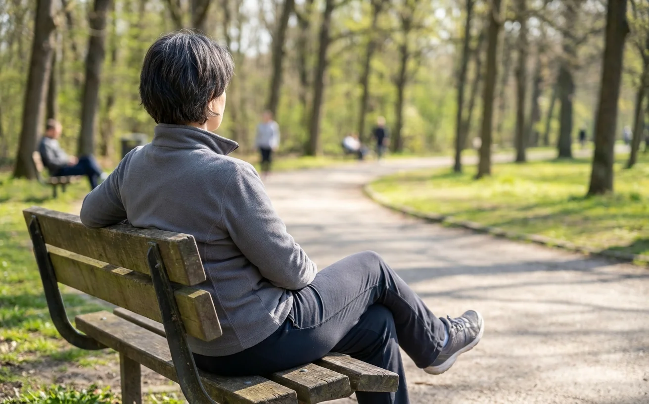女性背影在公園長椅做腿部運動
