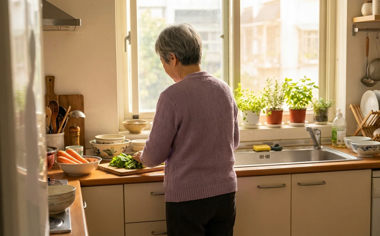 銀髮女性背影在廚房準備健康蔬菜