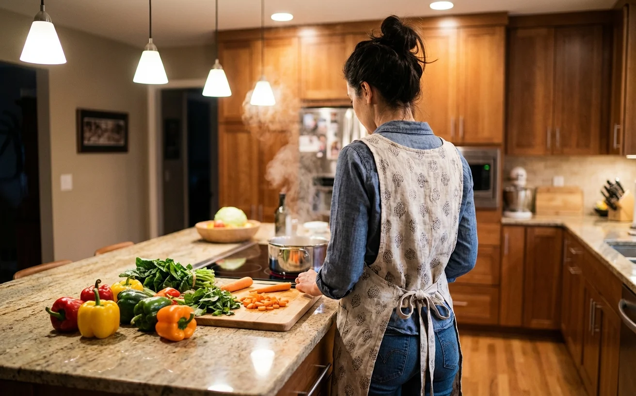 女性背影在廚房料理地中海飲食