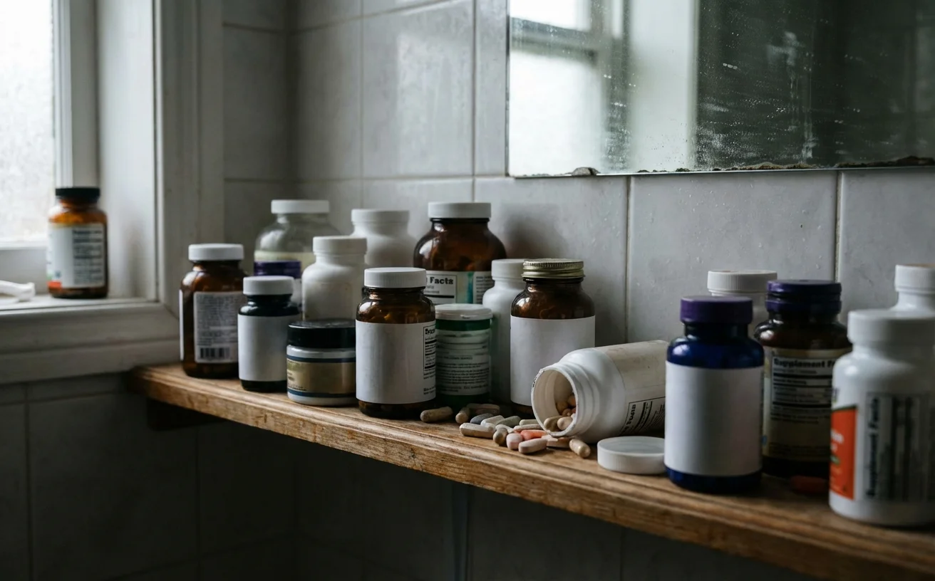 大量營養補充品瓶罐擠滿架子