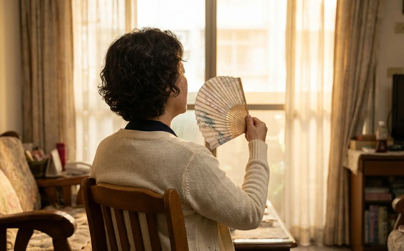 更年期女性背影坐窗邊搧扇子潮紅