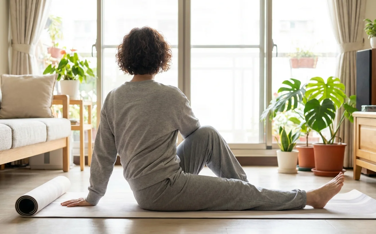 更年期女性背影在家做瑜伽伸展