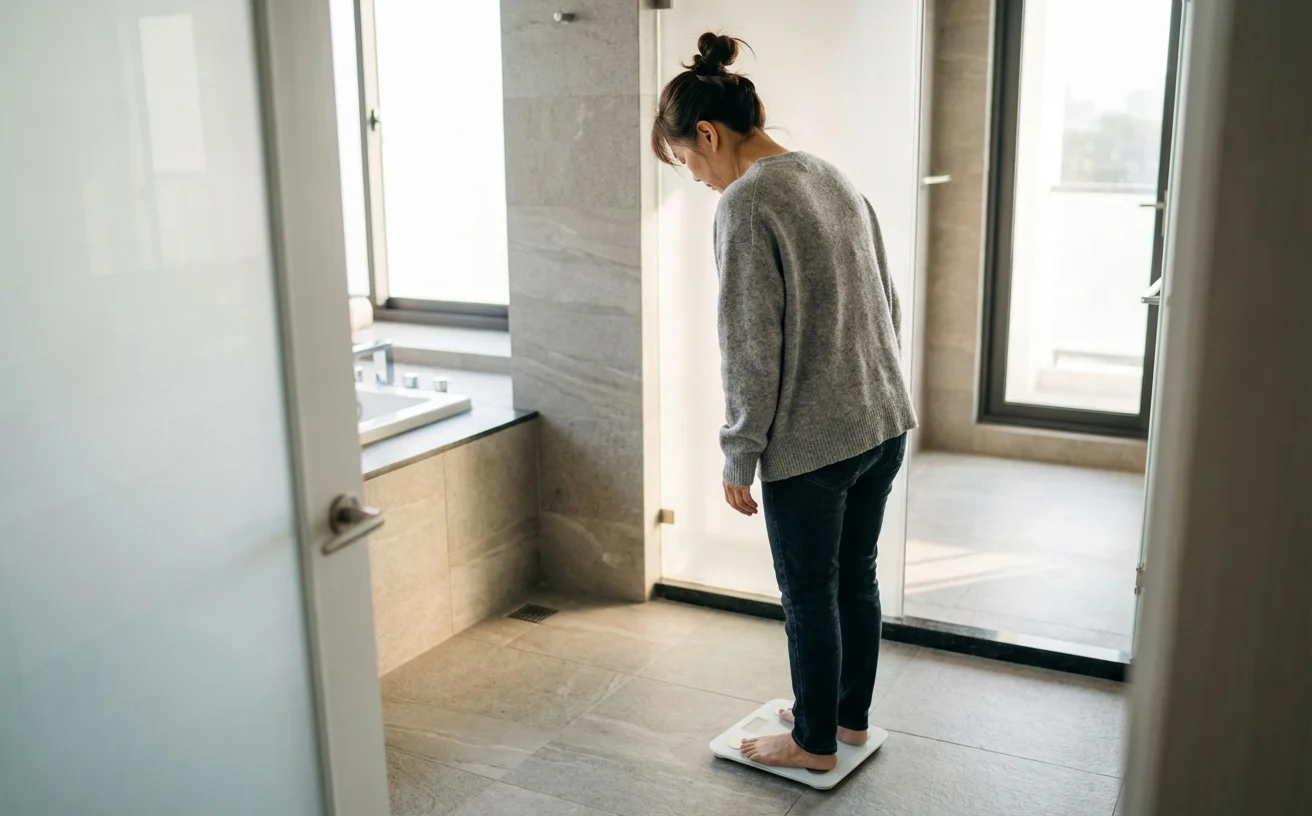 女性背影站體重計上困惑表情