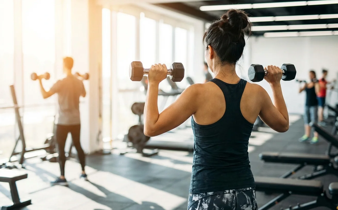 女性背影在健身房做啞鈴訓練