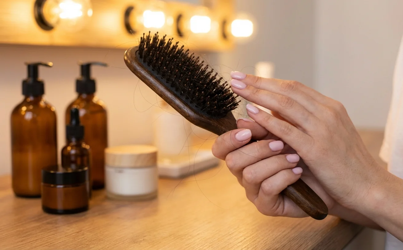 手持梳子上有掉落頭髮特寫