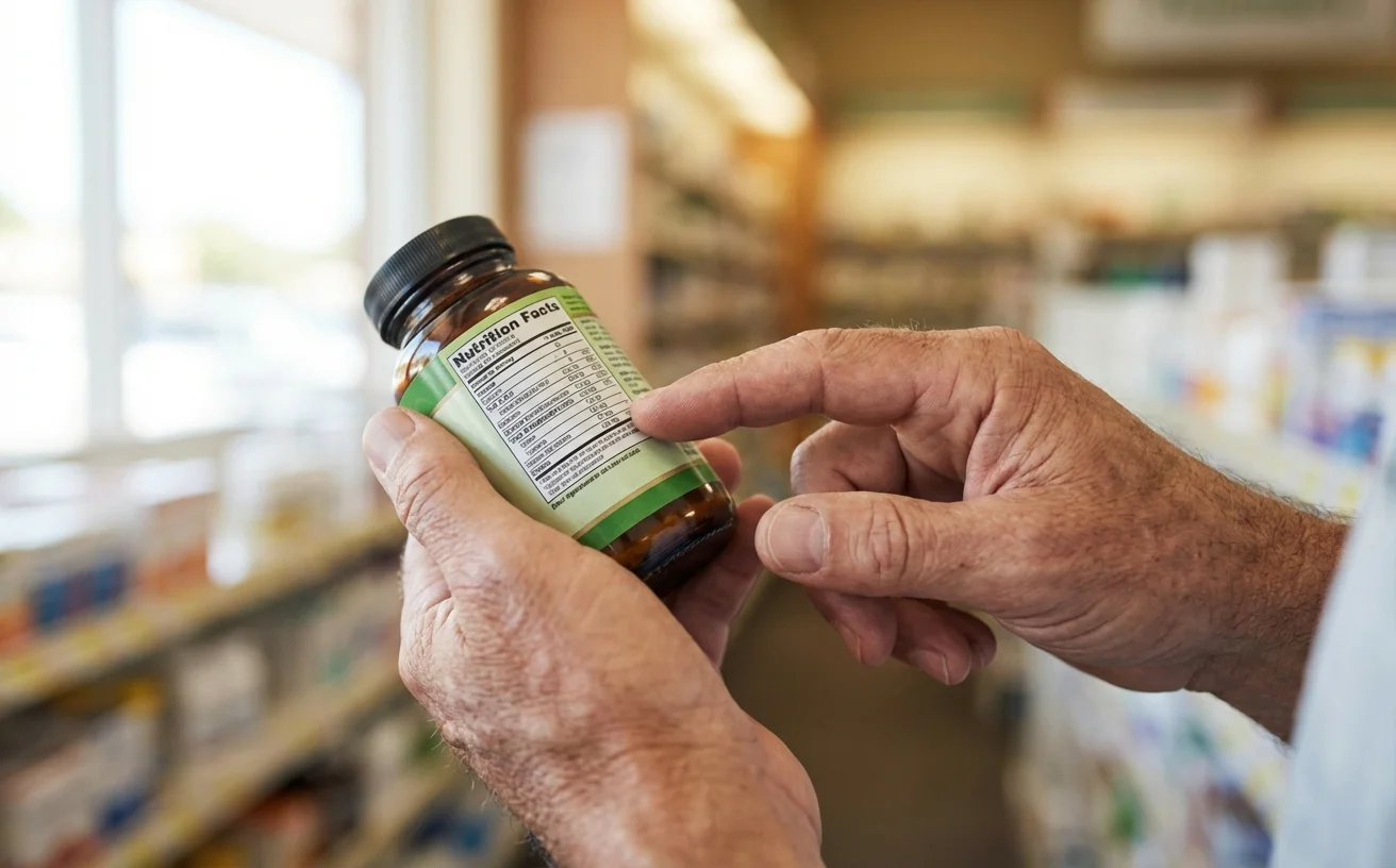 雙手拿營養品瓶閱讀成分標示