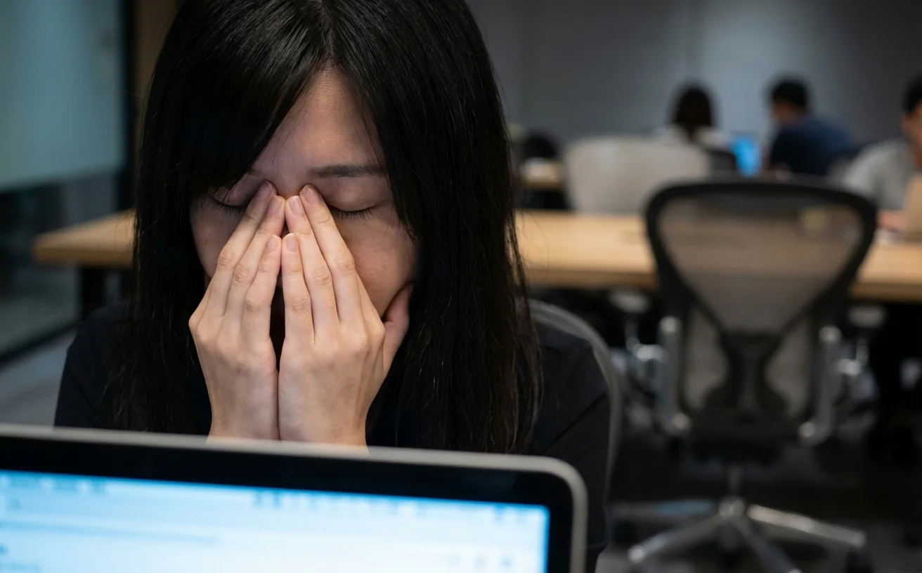 女性用手按壓疲勞的雙眼螢幕前