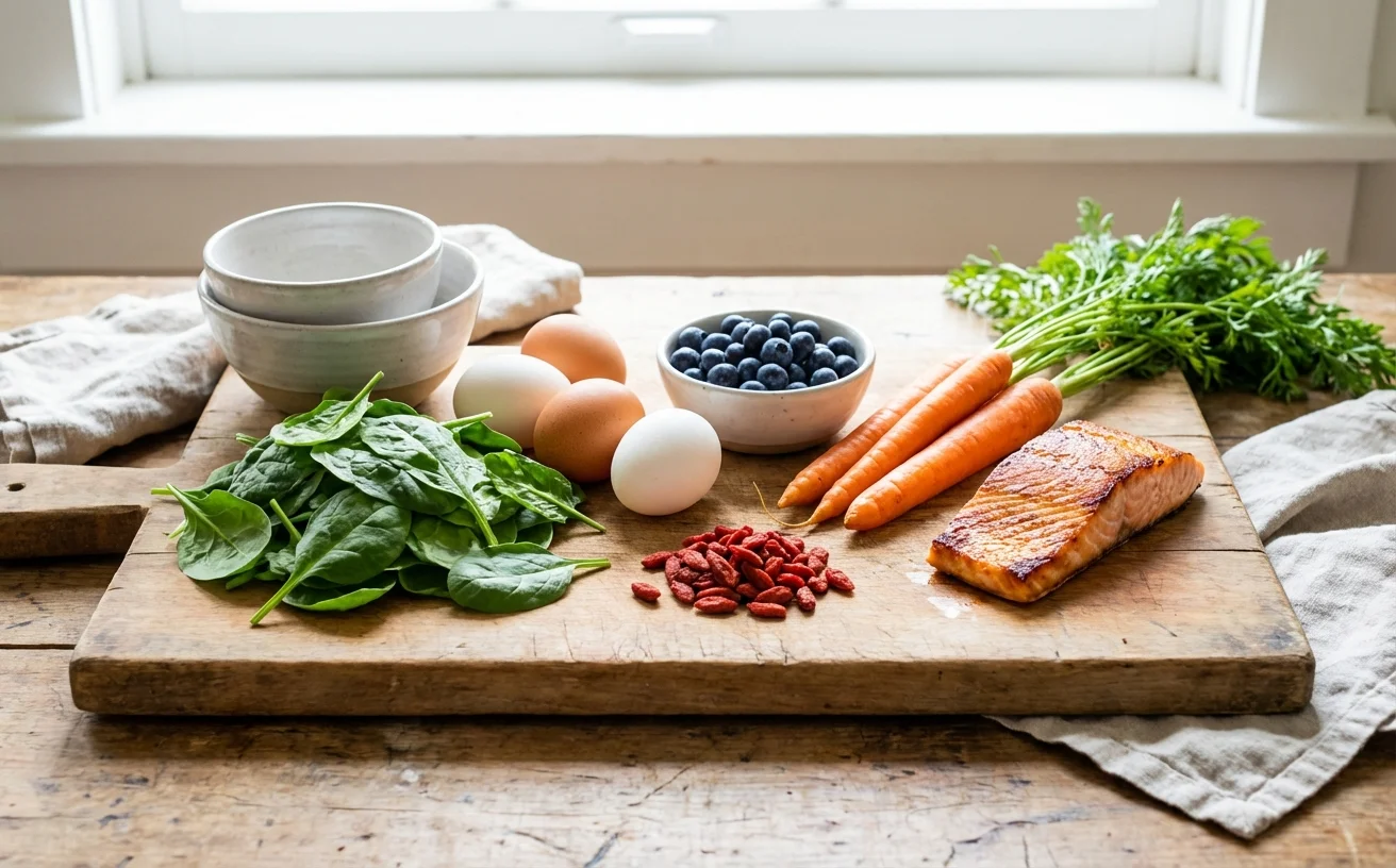 護眼食物組合：菠菜蛋黃藍莓紅蘿蔔枸杞鮭魚