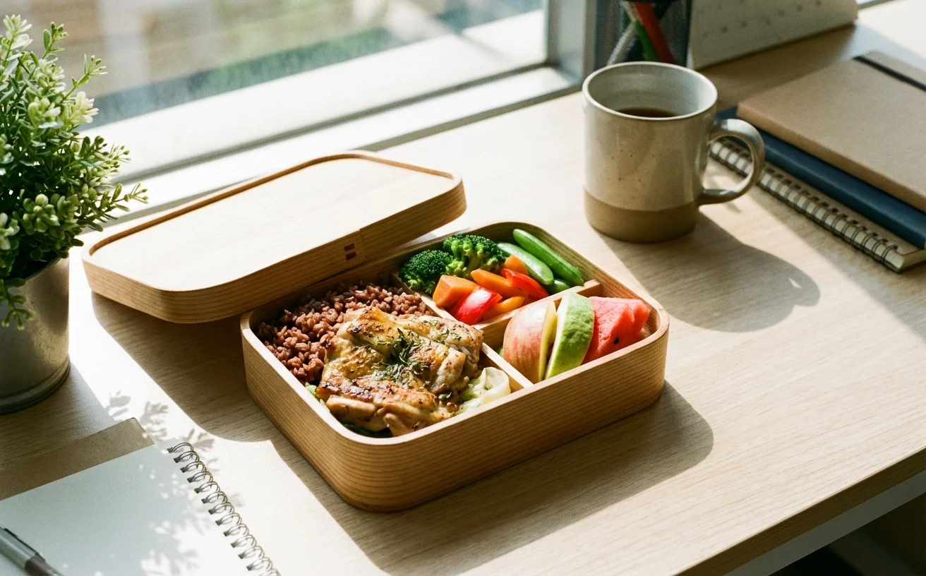 健康均衡便當：雞肉糙米蔬菜水果