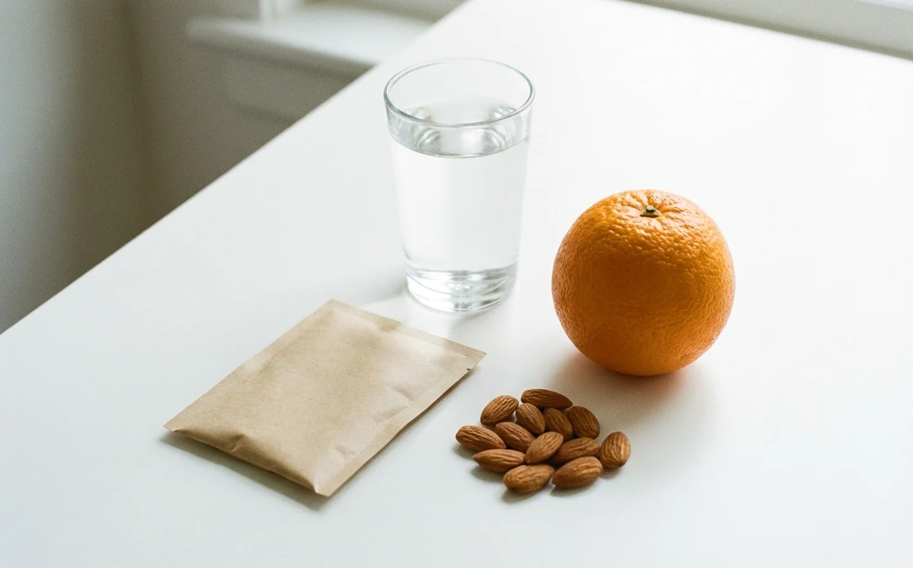 營養補充品組合：水杯蛋白粉堅果水果