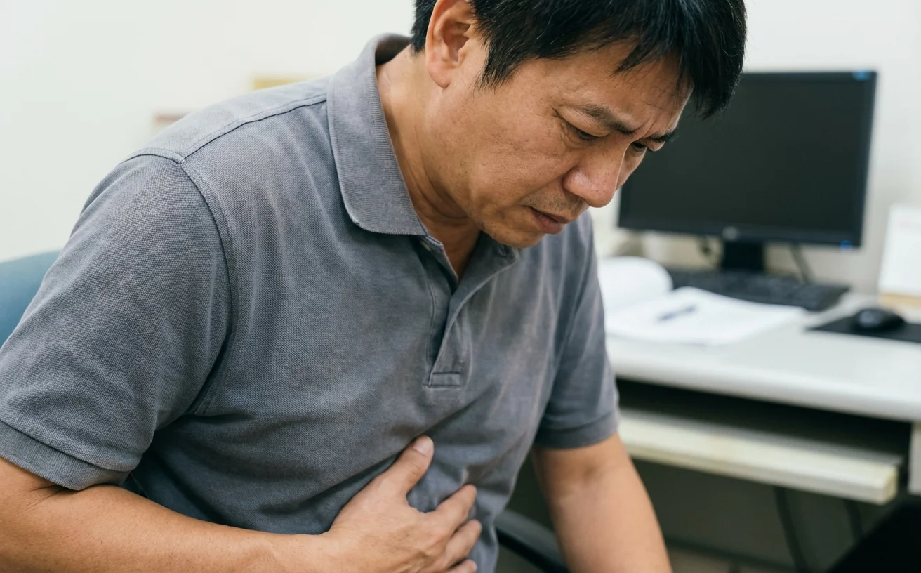 男性手按胃部不適表情痛苦