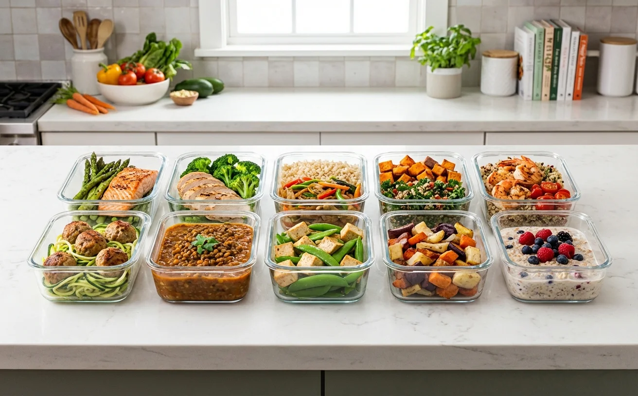 週末備餐玻璃容器排列健康便當