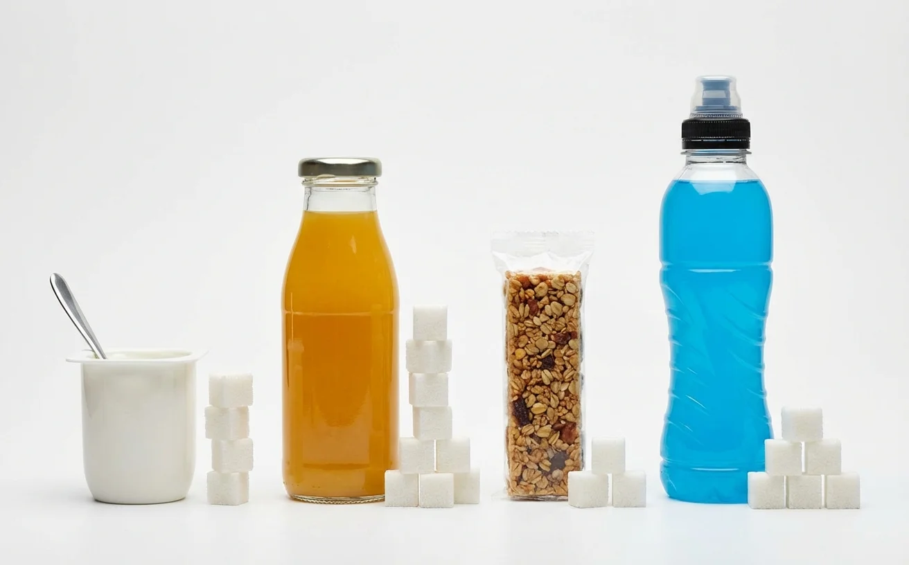 看起來健康的食物旁堆疊糖塊對比