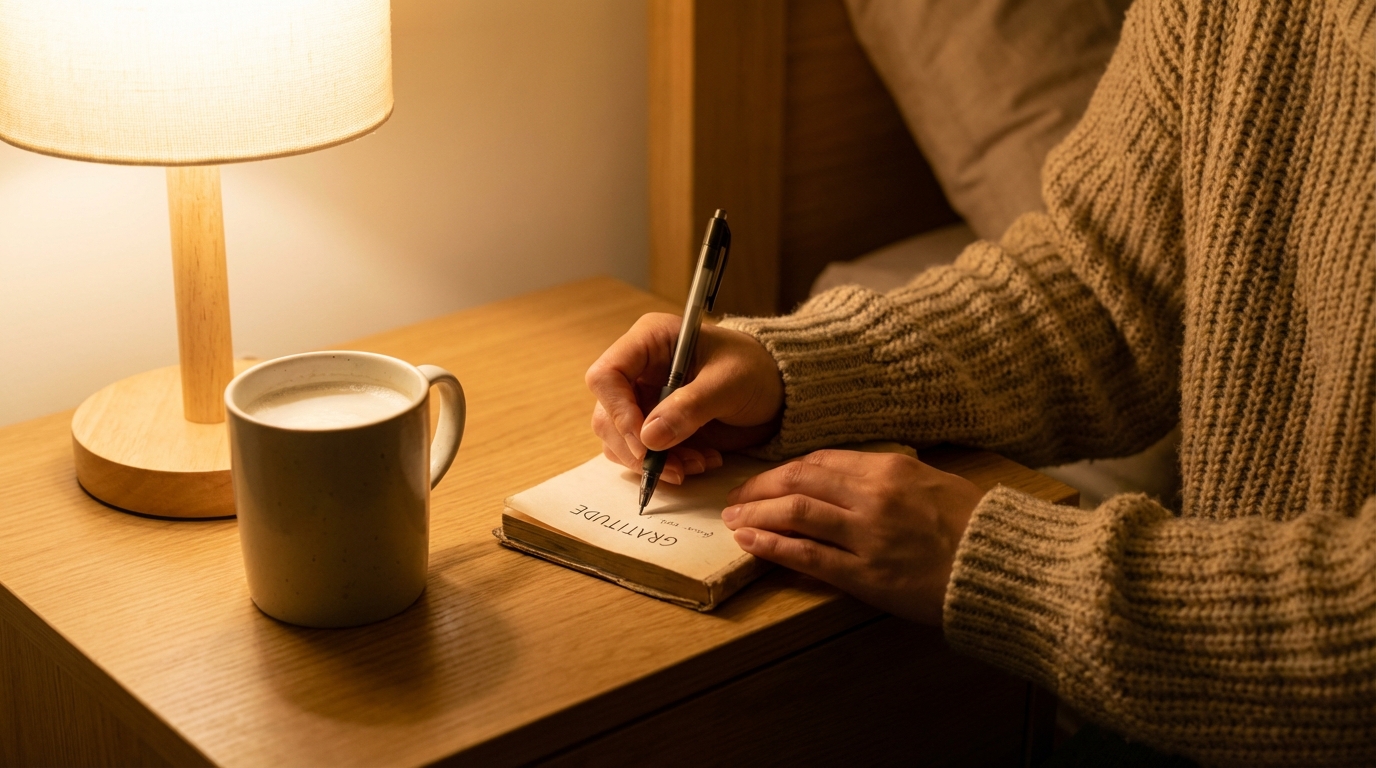 睡前雙手寫感恩日記，暖色床頭燈光