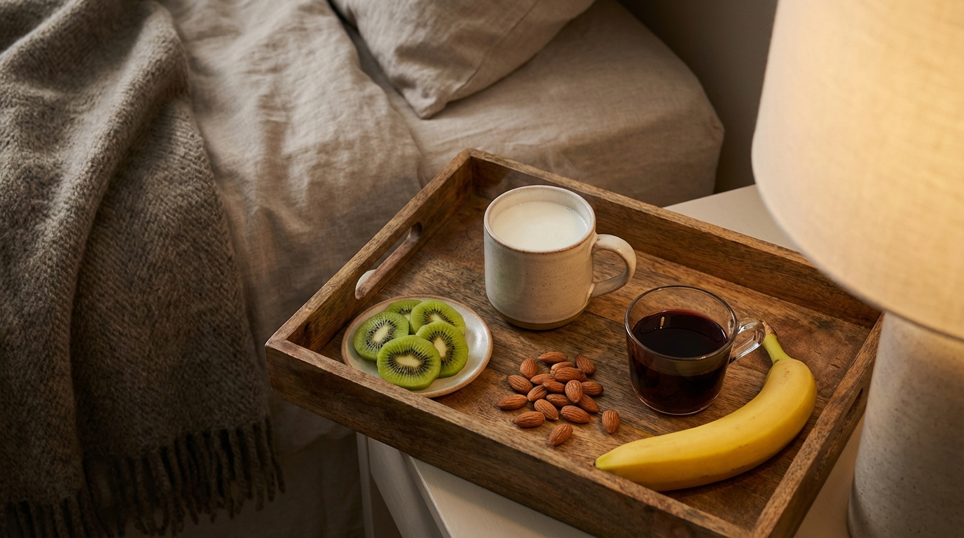 助眠食物組合：溫牛奶、奇異果、杏仁、香蕉、櫻桃汁