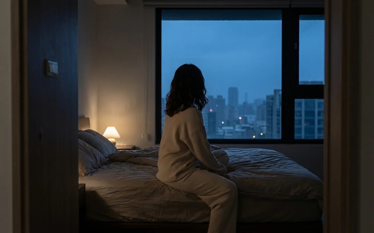 凌晨失眠女性背影坐床邊望窗