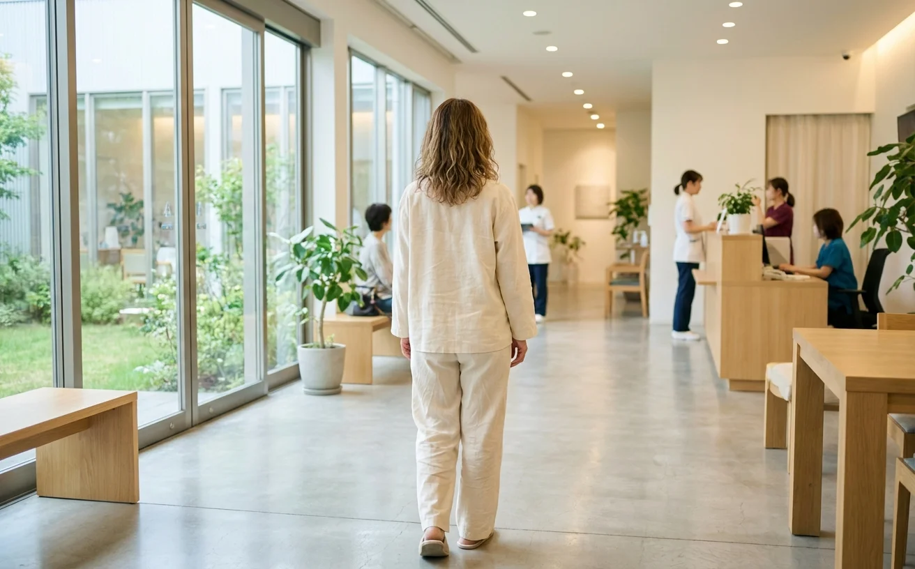 女性走進診所大廳遠景