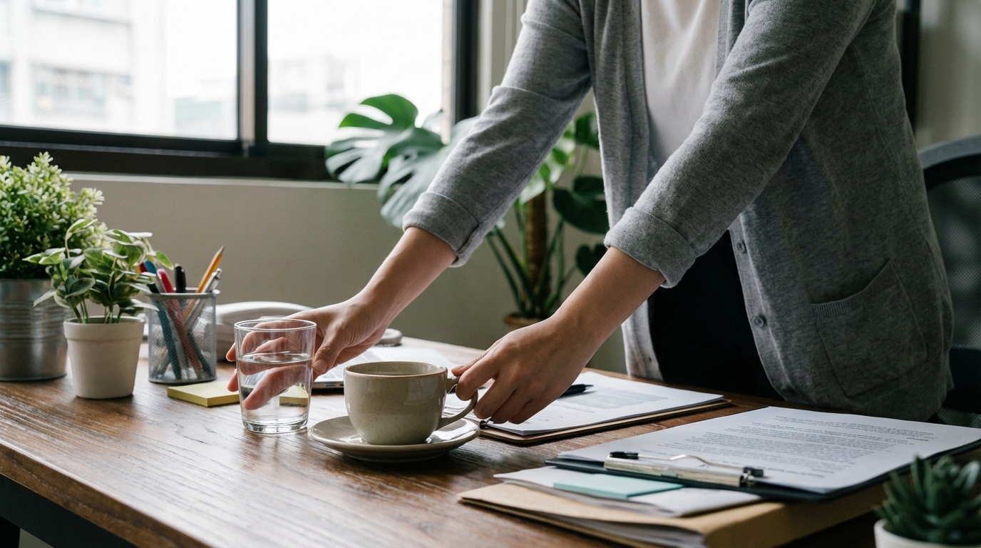 雙手推開咖啡選擇喝水，辦公室午後場景