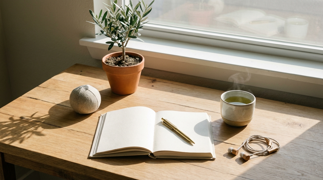 辦公桌減壓小物：盆栽、紓壓球、綠茶、筆記本