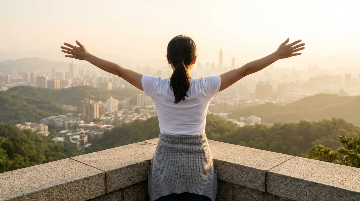 女性背影在陽台做晨間伸展，金色晨光