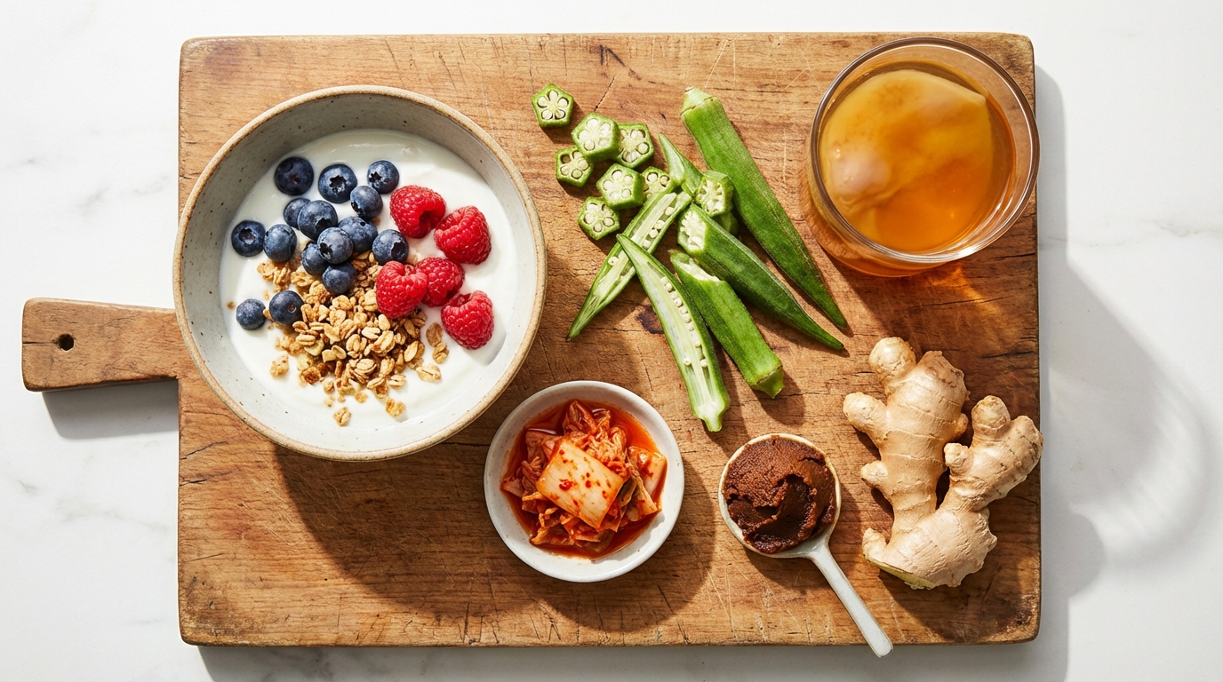 腸道友善食物俯拍:優格、秋葵、泡菜、味噌、薑