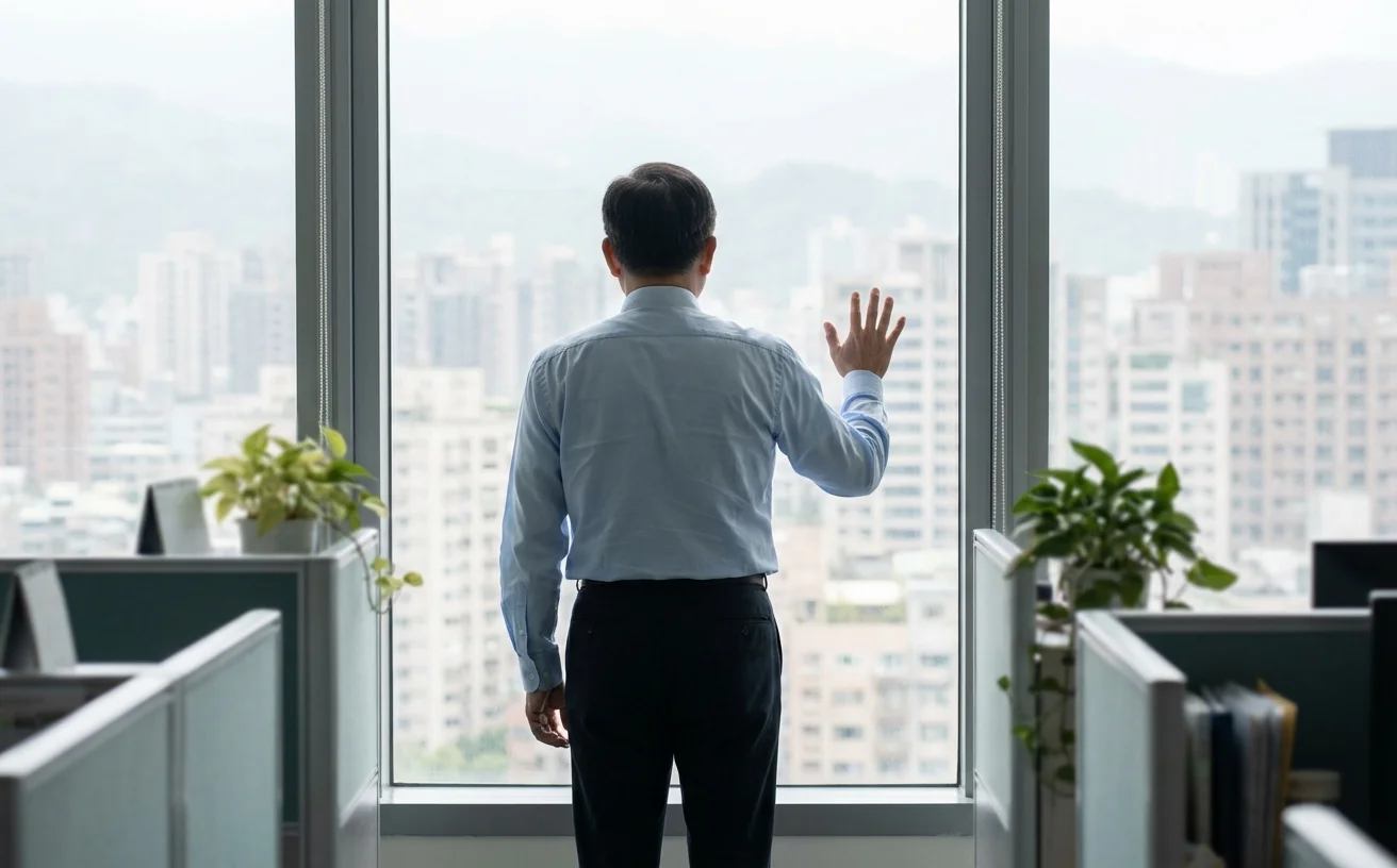 男性背影站辦公室窗前壓力感