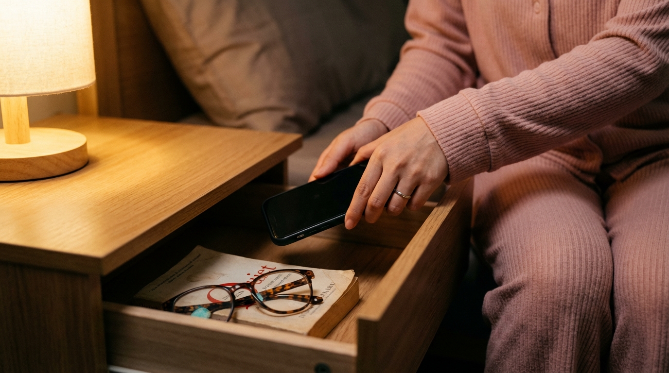 雙手將手機放進床頭抽屜，睡前斷網儀式