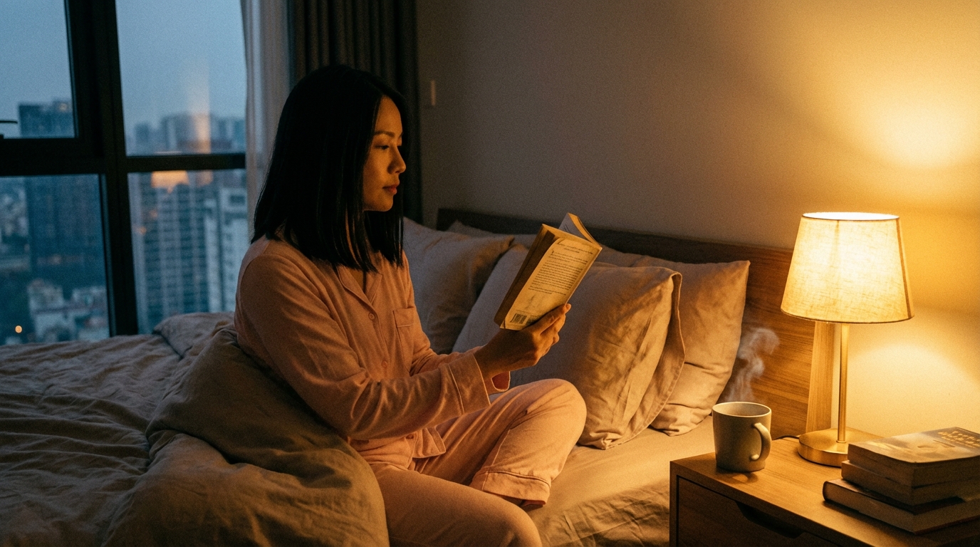 女性側面靠在床頭看書，暖色燈光，睡前閱讀