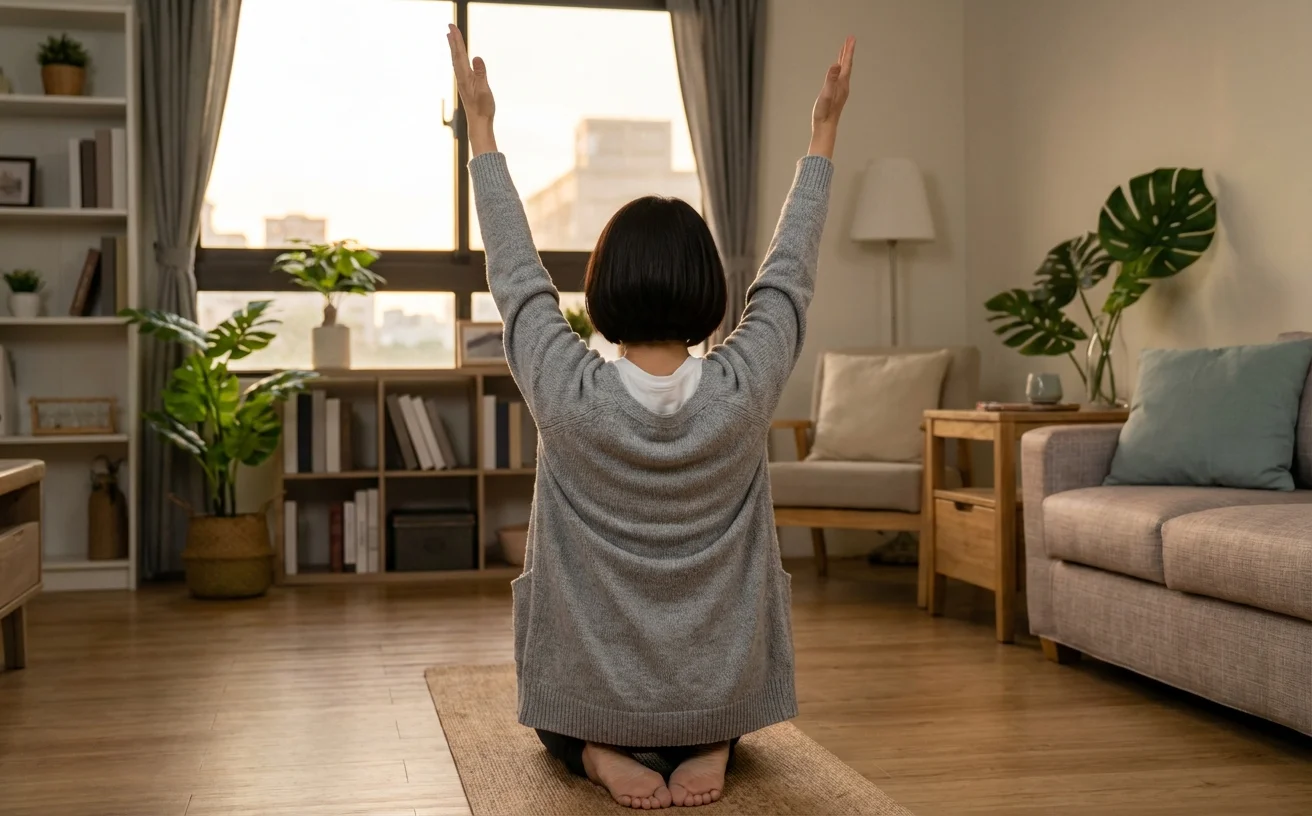 女性背影客廳做睡前伸展