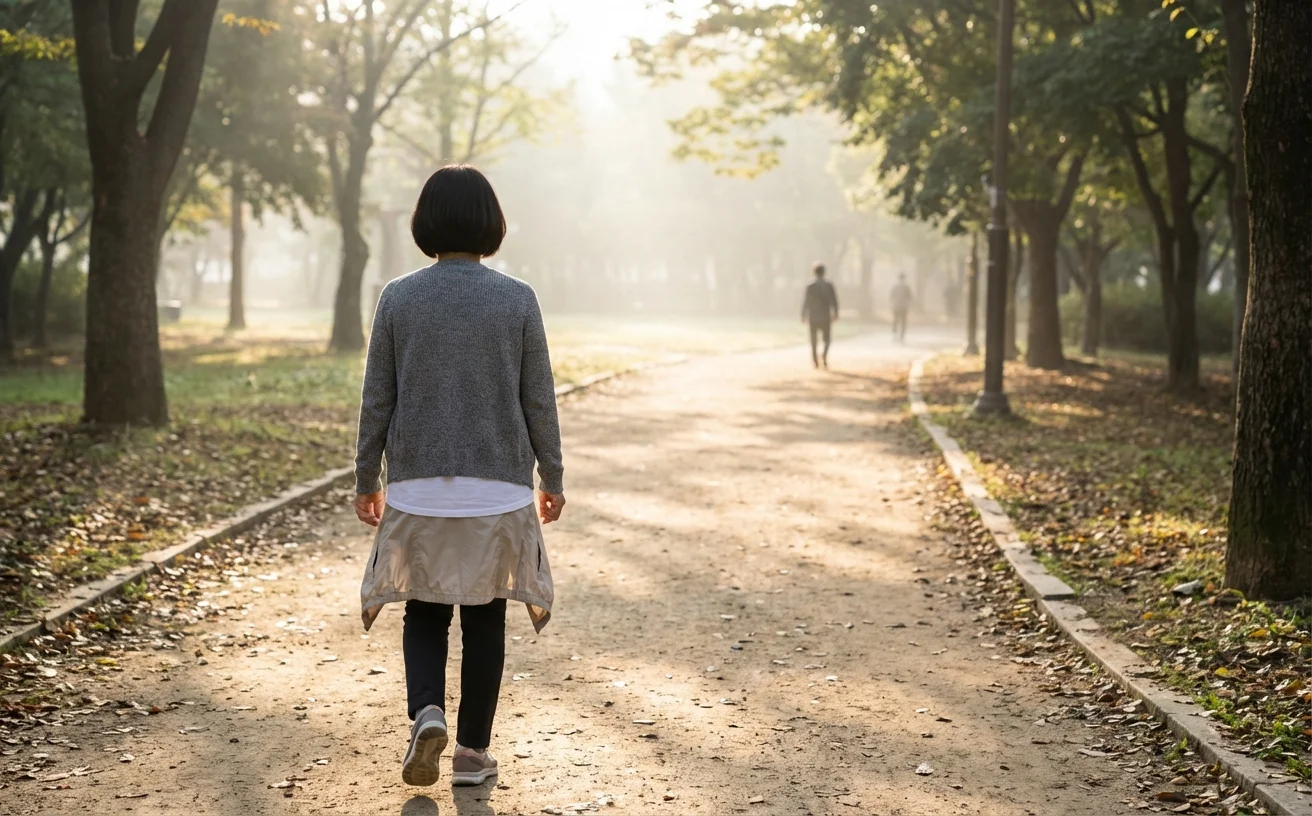 女性背影公園晨走遠景