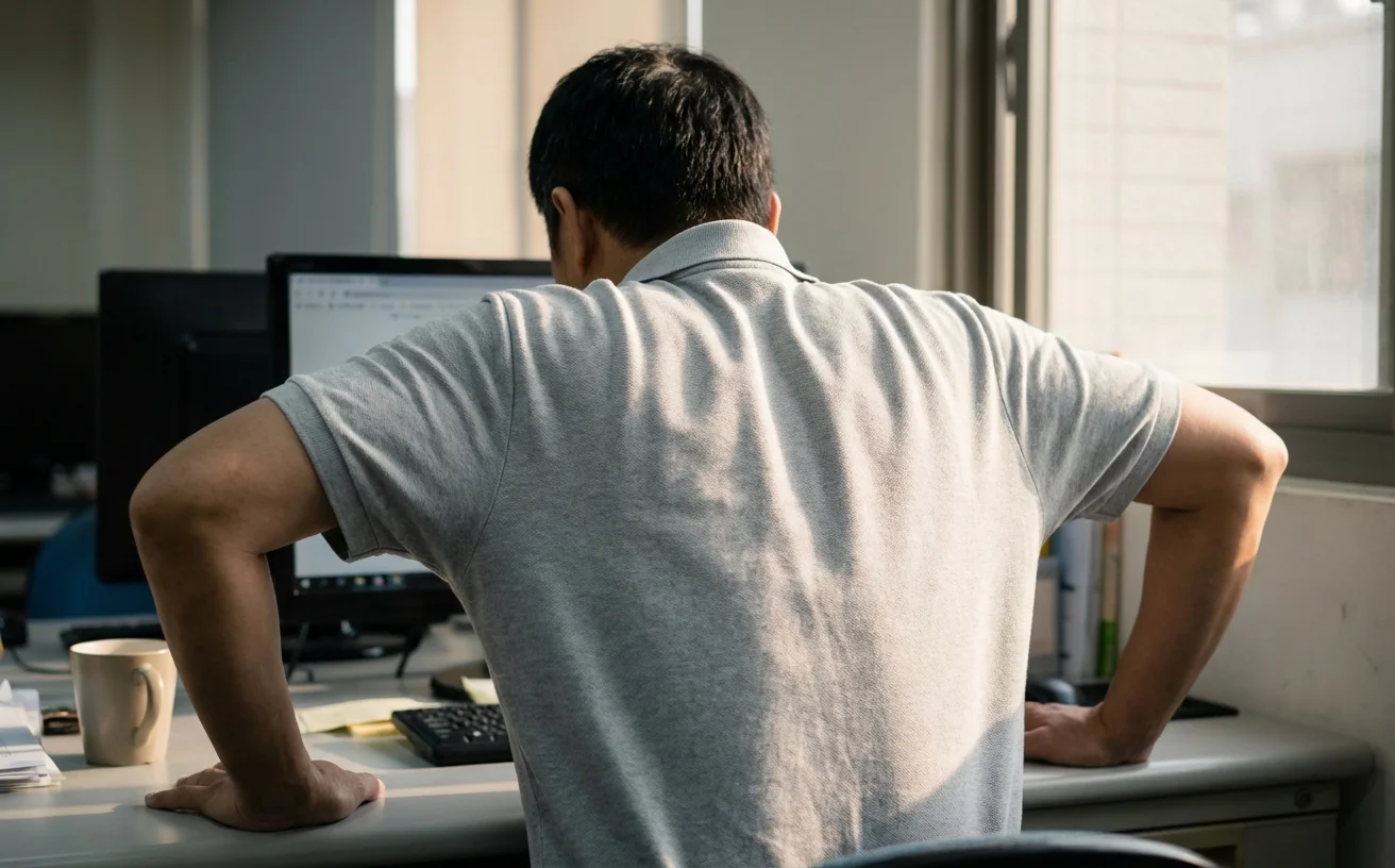 男性背影辦公桌前壓力大手捂肚子