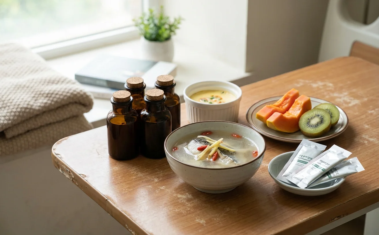 修復期營養食物：雞精魚湯蒸蛋水果肽粉