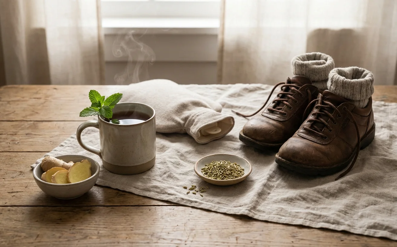 消脹氣天然方法：薄荷茶薑片熱敷走路