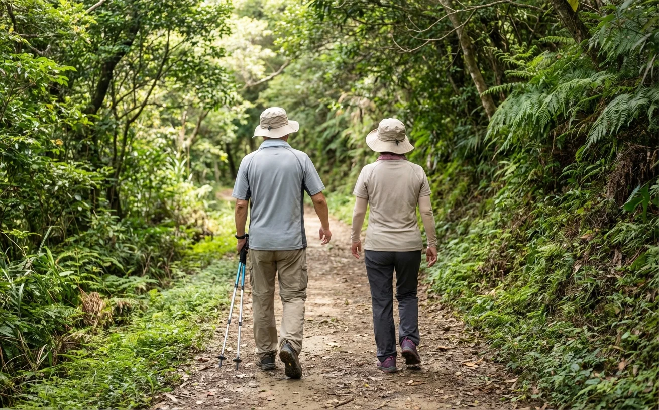 銀髮夫妻背影在步道健行