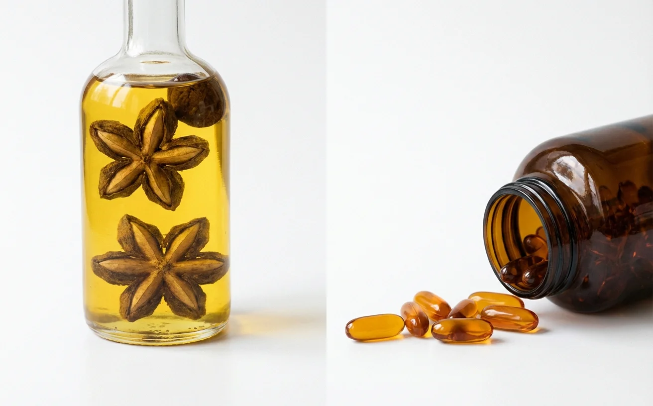 印加果油瓶與魚油膠囊瓶並排比較