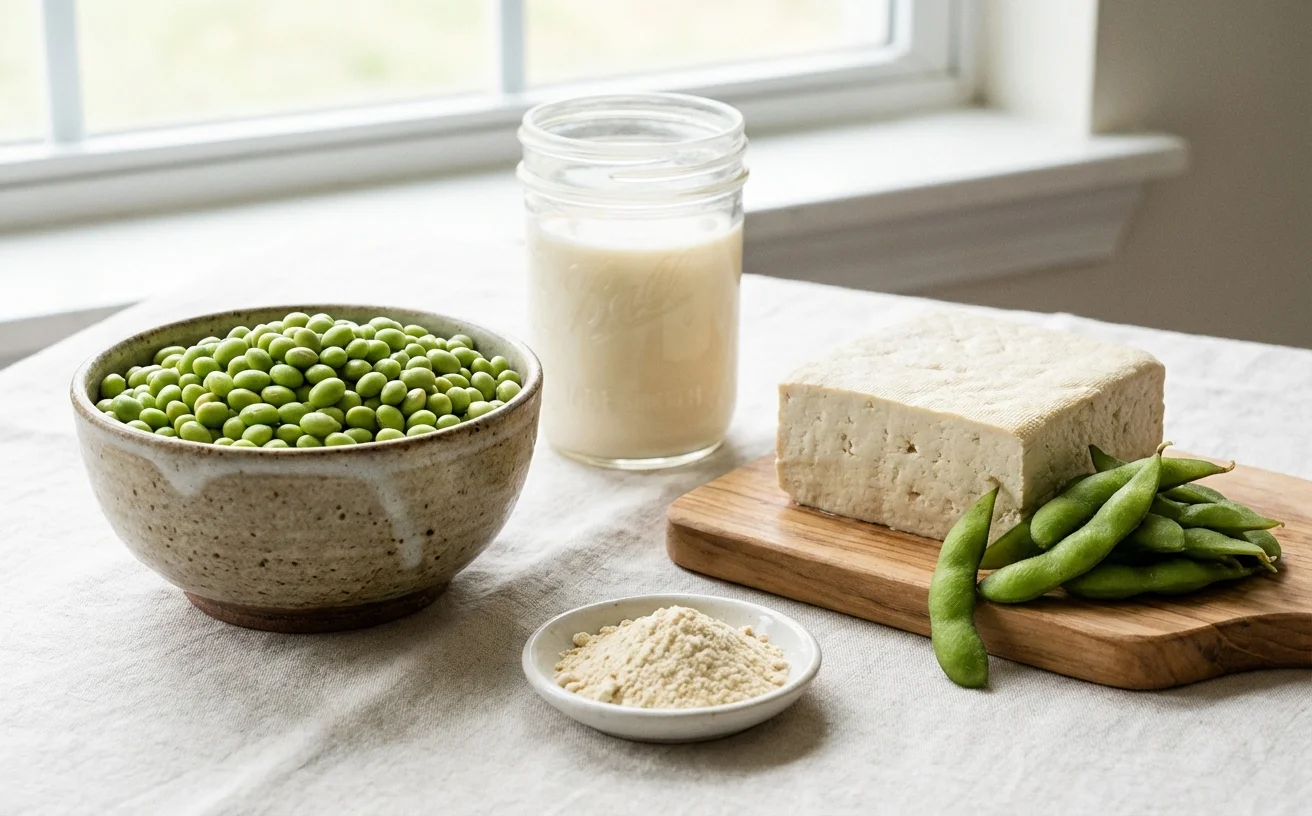 大豆各種型態：黃豆豆漿豆腐毛豆大豆肽