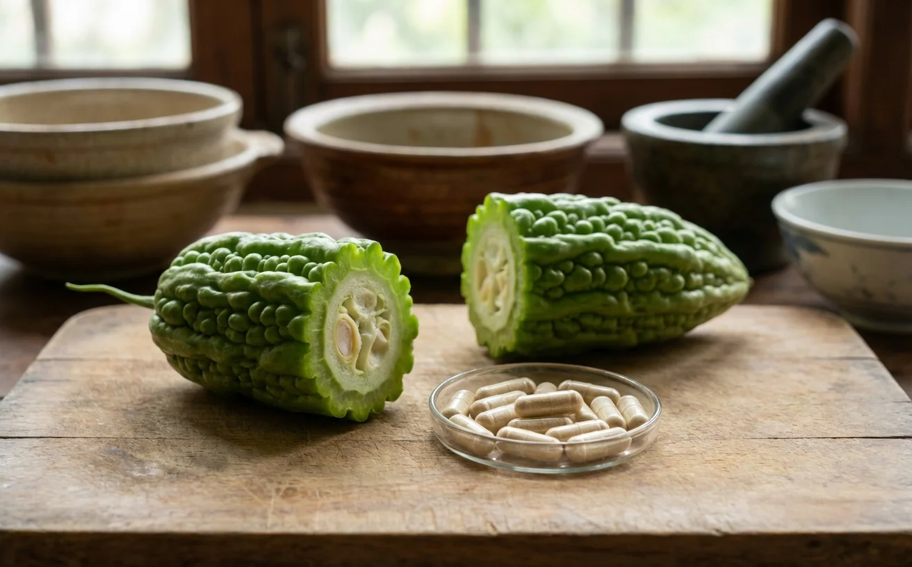 新鮮苦瓜切面與苦瓜胜肽膠囊