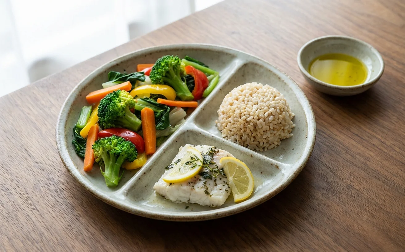 健康指標偏高友善餐盤：半蔬菜四分之一蛋白質全穀