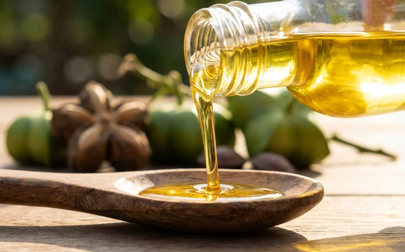 金色印加果油從瓶中倒出