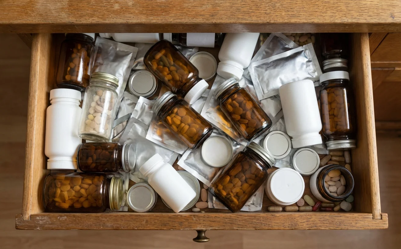 打開抽屜裡滿滿的營養品瓶罐