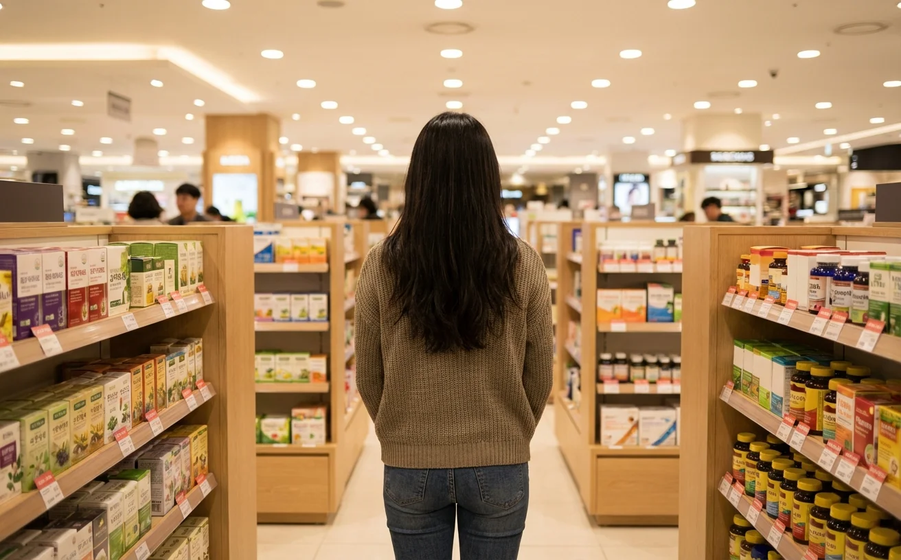 女性背影在百貨公司挑選健康禮物