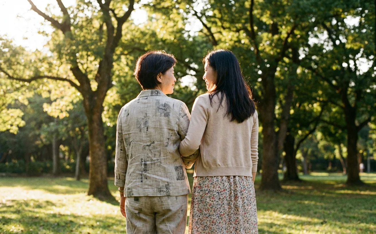 母女背影在公園手挽手散步
