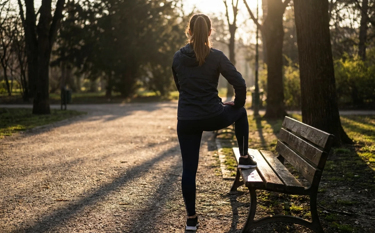 女性背影在公園晨間伸展感受身體變化