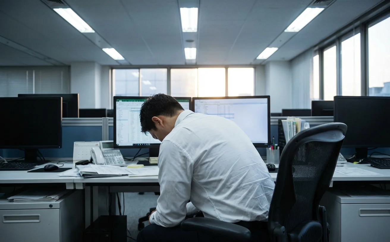 男性背影久坐辦公桌前姿勢疲憊