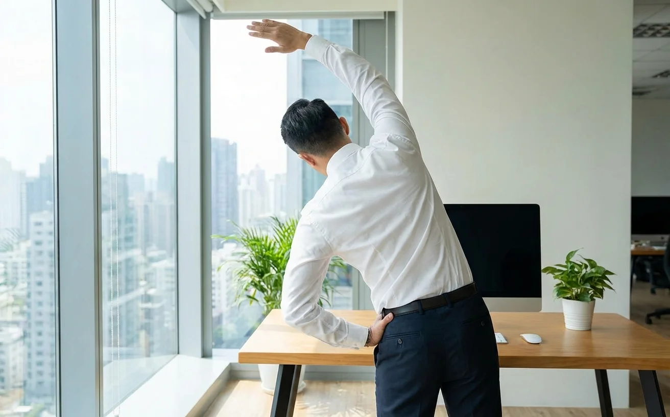 男性在辦公桌旁做伸展運動