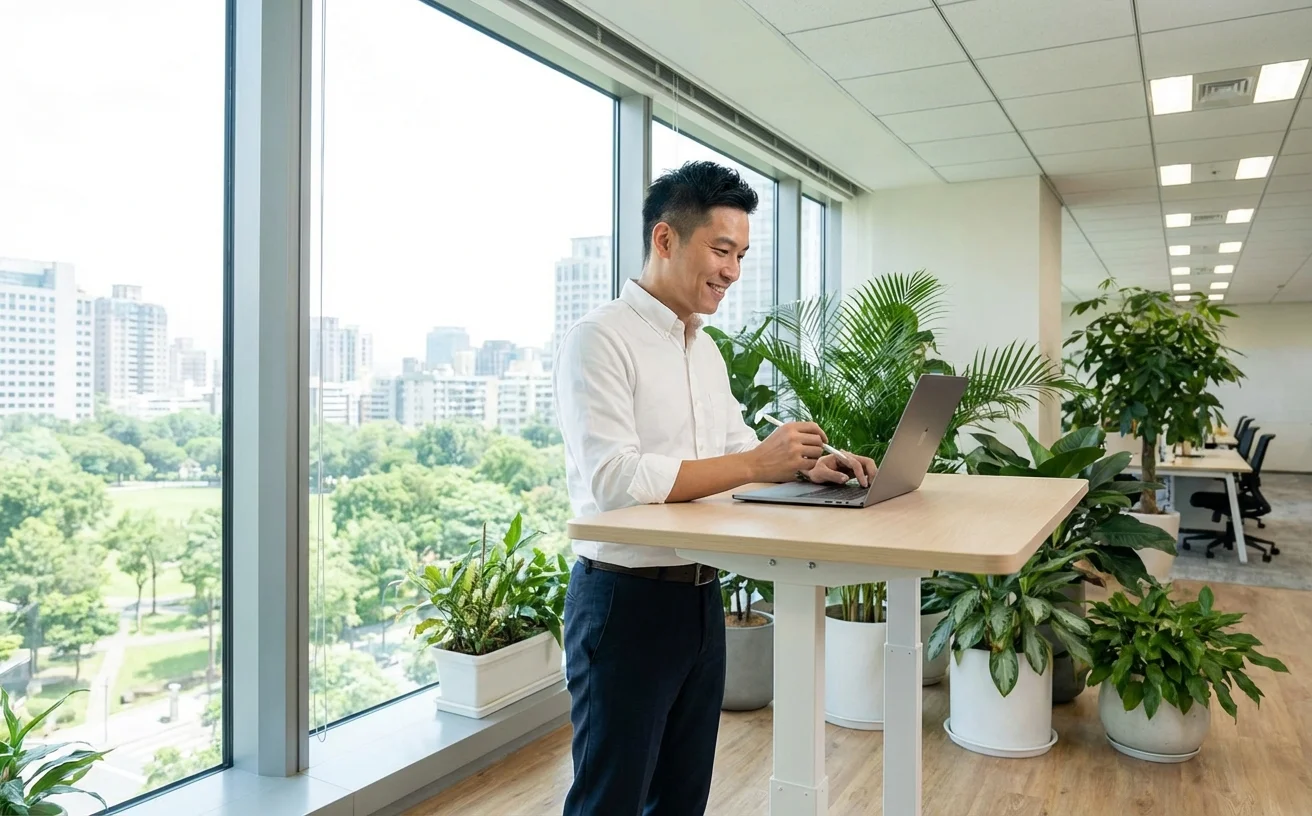 男性使用站立辦公桌工作良好姿勢